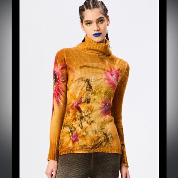 NWT AVANT TOI EVE HAND PAINTED FLORAL ROLL NECK IN OCHRE Small - Picture 1 of 16